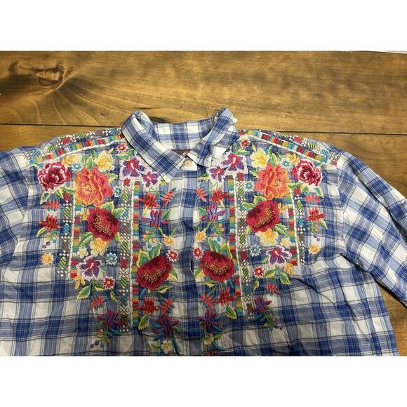 Johnny Was J3 Workshop Button Up Embroidered Floral Plaid Blouse Small - Picture 3 of 11